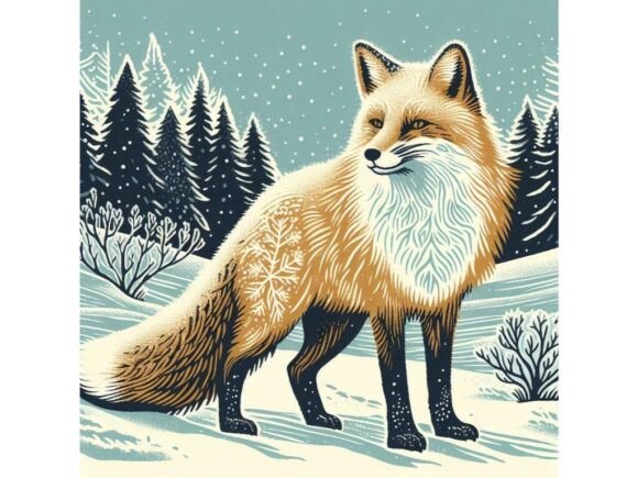 Download A Block Print of a Wintry Fox with Frost - Wintry Collection